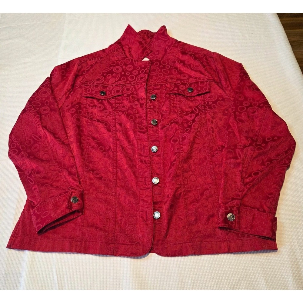 CJ Banks Red Jacquard Circle VTG Button Front Jacket Womens 1X Stretch Cotton